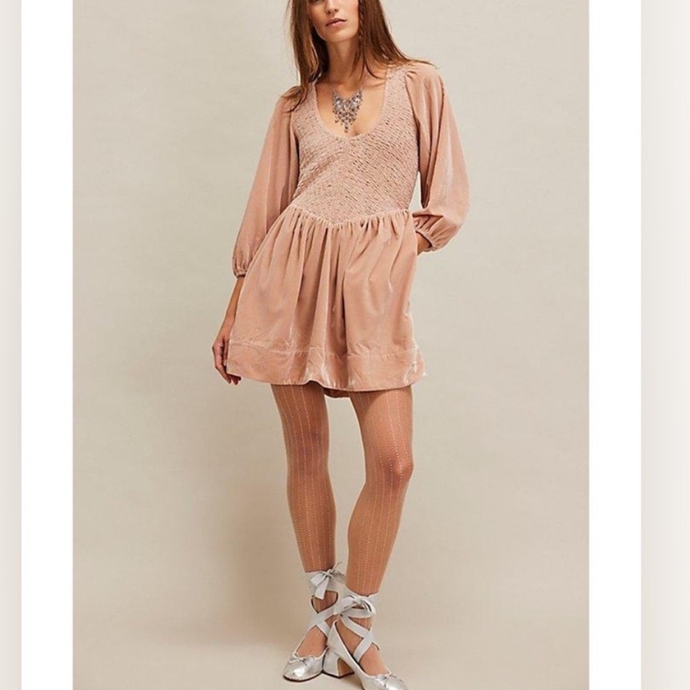 Free People Farrier Velvet Shirred A-Line Soft Cozy Long Sleeve Mini Dress